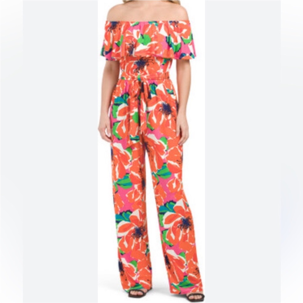 Trina Turk Jumpsuit orange Floral‎ off the shoulder new size small